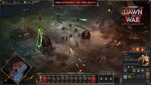 Screenshot from Warhammer 40,000: Dawn of War IV showing a chaotic battlefield with multiple units and mechs engaged in combat.