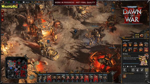 Warhammer 40,000: Dawn of War IV screenshot showing a battle scene with tanks, structures, and a character menu on the right.