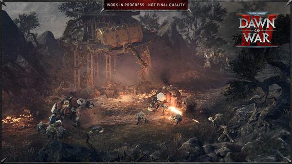 Screenshot from Warhammer 40,000: Dawn of War IV showing a battle scene with armored units and soldiers amidst a rugged, rocky terrain.