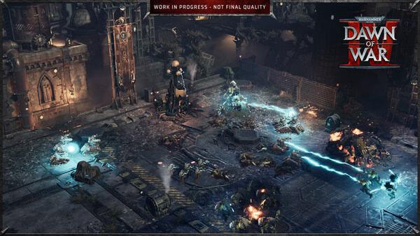 Warhammer 40,000: Dawn of War IV screenshot showcasing a chaotic battlefield with soldiers, robots, and energy blasts in action.