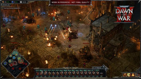 Warhammer 40,000: Dawn of War IV screenshot showing intense battle with various units and explosions on a detailed map.