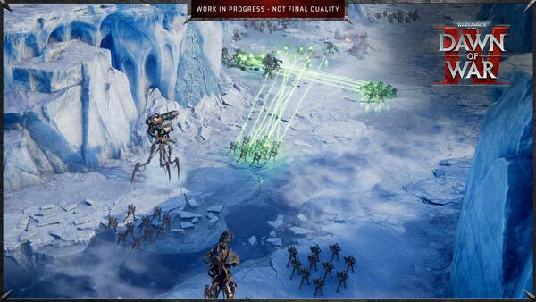 Warhammer 40,000: Dawn of War IV screenshot: Armored units and troops engage in battle on a snowy, icy terrain.