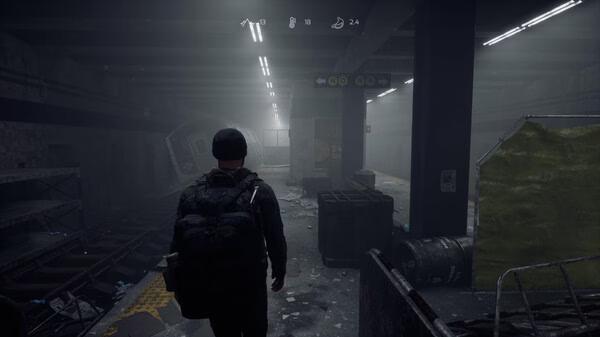Screenshot from 'Rooted' showing a lone figure in a dimly lit, abandoned subway station with scattered debris.