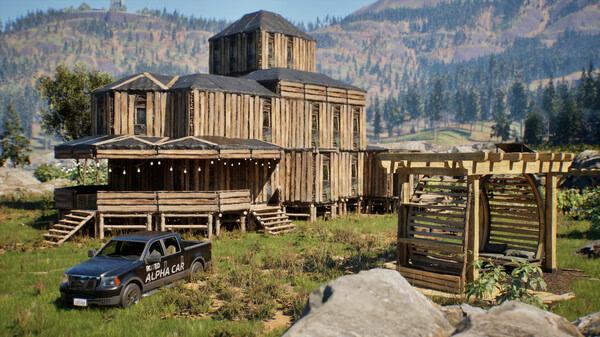 A screenshot from the game Rooted showing a wooden house, a black truck labeled "Alpha Car," and a wooden structure in a grassy area.