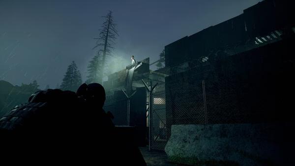 Screenshot from 'Rooted' showing a character standing on a rooftop in the rain, overlooking a fenced area with barbed wire.