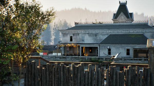 Screenshot from Rooted: A rustic, abandoned building surrounded by trees and a wooden fence under a clear sky.