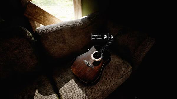 A screenshot from the game Rooted showing a guitar resting on a worn couch, with interaction options displayed onscreen.