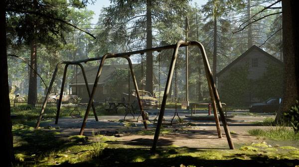Screenshot from 'Rooted' showing an overgrown playground with rusted swings, surrounded by dense trees and abandoned cars.