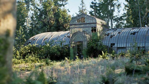 Screenshot from the game Rooted showing a dilapidated greenhouse surrounded by dense forest and overgrown vegetation.