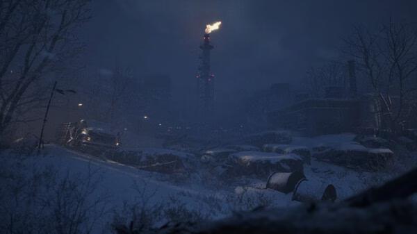 ILL screenshot: A snowy landscape with a burning tower in the distance, surrounded by trees and industrial buildings.