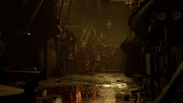 A screenshot from the game ILL showing a dark industrial hallway with a grotesque, spiked creature approaching.