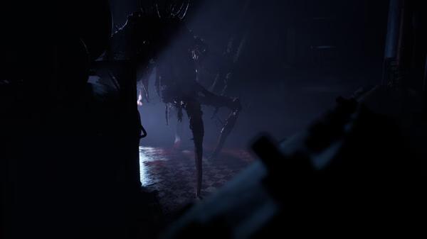 ILL screenshot: A shadowy, menacing creature with sharp limbs stands in a dimly lit room, creating a tense atmosphere.