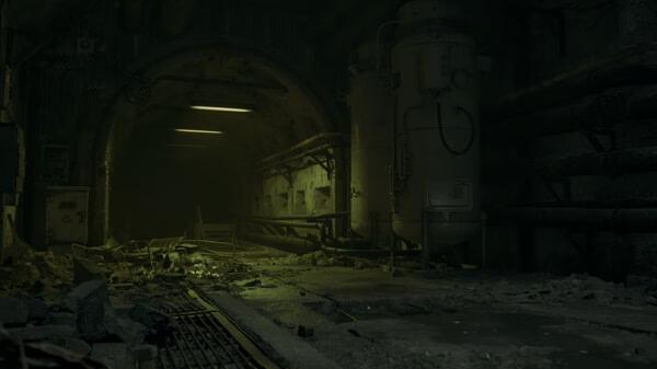 Screenshot from the game ILL showing a dimly lit, eerie underground tunnel with debris and industrial pipes.