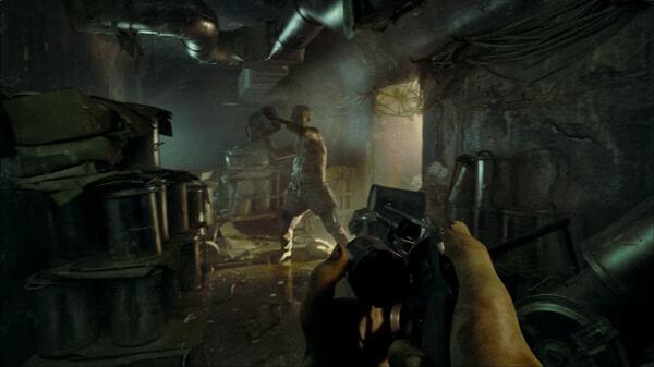 ILL screenshot: A player holds a weapon, facing a menacing figure in a dimly lit, cluttered basement with pipes overhead.