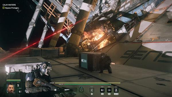 Screenshot from "The Expanse: Osiris Reborn" showing two characters in combat on a damaged spaceship.