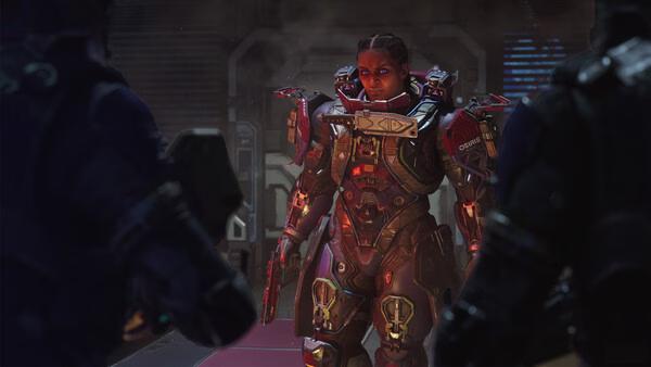 Screenshot from The Expanse: Osiris Reborn featuring a soldier in red futuristic armor, surrounded by two others in dark suits.