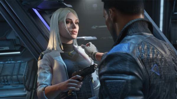 Screenshot from The Expanse: Osiris Reborn showing two characters in a tense standoff, one aiming a weapon at the other.