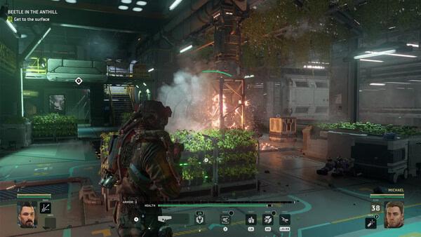 Screenshot from The Expanse: Osiris Reborn, showing a character in combat gear amidst fiery explosions in a futuristic facility.
