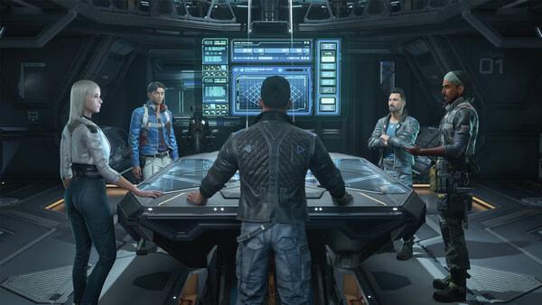 Screenshot from The Expanse: Osiris Reborn showing five characters in a futuristic command room gathered around a holographic table.