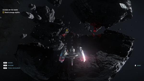 Screenshot from The Expanse: Osiris Reborn showing a spaceship navigating through an asteroid field with mission prompts on screen.