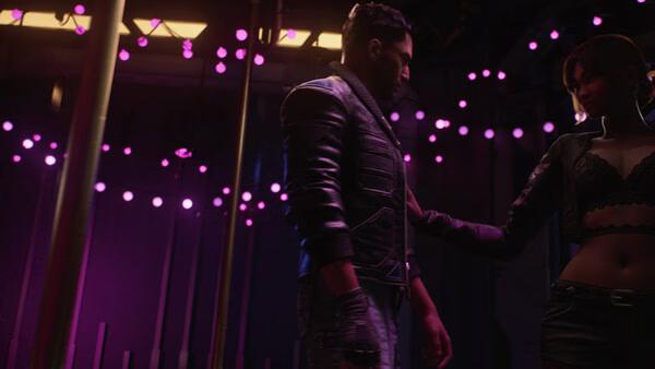 Screenshot from The Expanse: Osiris Reborn showing two characters in a dimly lit room with pink lights overhead.