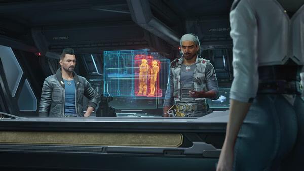 The Expanse: Osiris Reborn screenshot. Three characters stand in a futuristic control room with a glowing holographic display in the background.