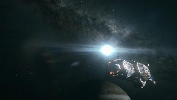 A screenshot from The Expanse: Osiris Reborn shows a spacecraft flying near a planet with a bright star and galaxy in the background.