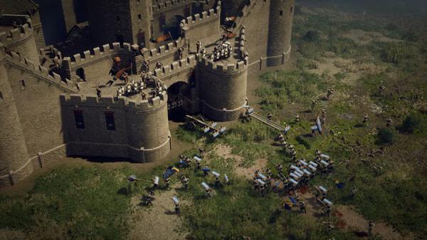 Anvil Empires screenshot: Soldiers clash outside a large stone fortress, with banners and battle formations visible.