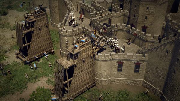 Screenshot from Anvil Empires showing siege towers and soldiers attacking a stone fortress wall.