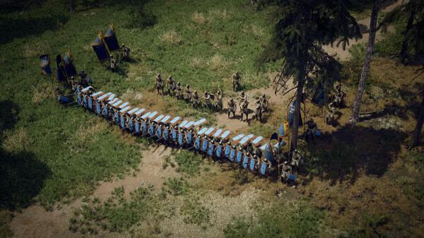 Anvil Empires screenshot: Soldiers form a defensive line with shields in a forest clearing, preparing for battle.