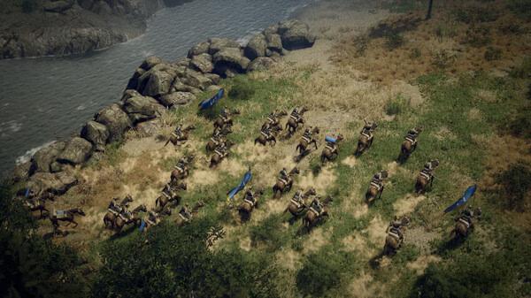 Anvil Empires screenshot: A group of cavalry units with blue banners moving near a rocky shoreline and grassy terrain.