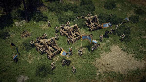 Screenshot from Anvil Empires showing soldiers and catapults positioned in a grassy field.