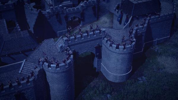 Screenshot from Anvil Empires: soldiers stand guard on a castle wall under a night sky, ready for battle.
