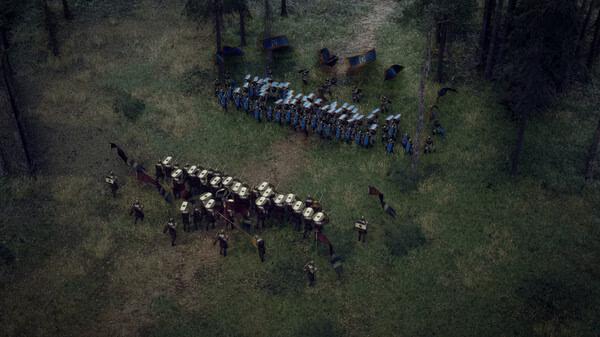 Anvil Empires screenshot: Two armies clash in a forested area, with soldiers holding shields and banners in formation.