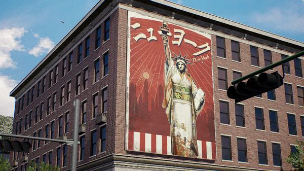 Showa American Story screenshot: A mural of the Statue of Liberty in a kimono is displayed on a brick building with Japanese text above.