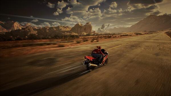A screenshot from Showa American Story showing a motorbike speeding down a desert highway with mountains and a robot in the background.