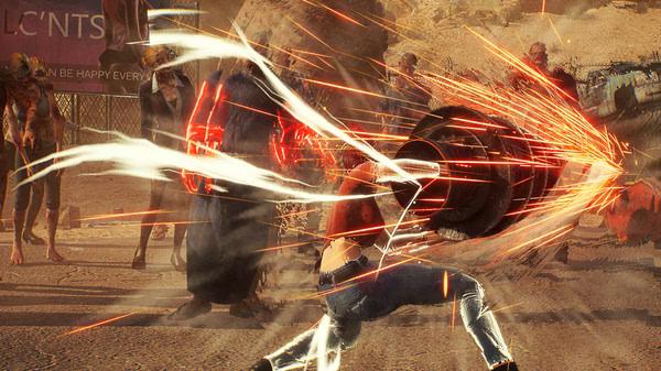 Showa American Story screenshot: A character wields a glowing weapon, attacking zombies in a desert environment.