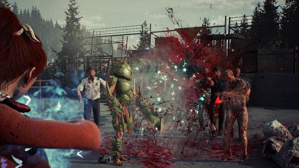 Showa American Story screenshot: A character confronts zombie-like creatures, with vivid action effects and a forested background.