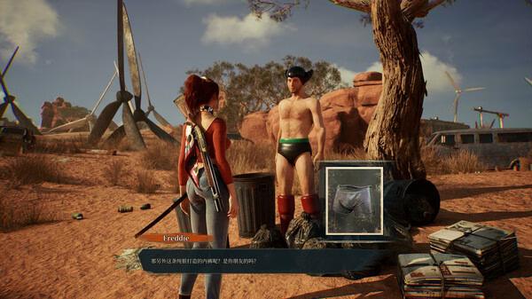 Showa American Story screenshot: A red-haired character speaks to a man in underwear near wind turbines and scattered items in a desert setting.