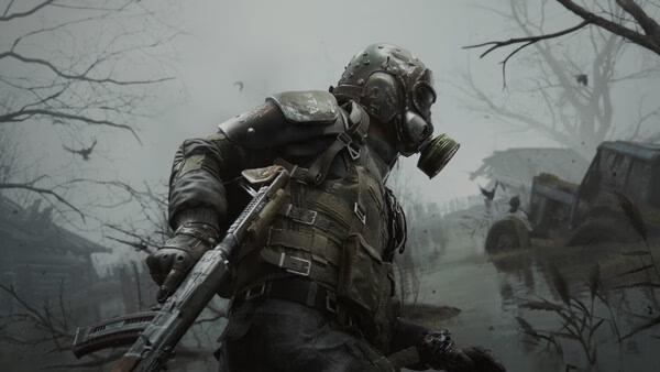 A METRO 2039 screenshot showing a masked character with a rifle in a foggy, desolate swamp surrounded by barren trees and wreckage.