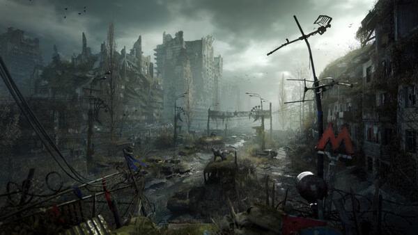 Screenshot from METRO 2039 showing a desolate cityscape with ruined buildings and overgrown vegetation.