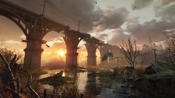 METRO 2039 screenshot: A dilapidated bridge spans a flooded area at sunset, with scattered debris and birds flying overhead.