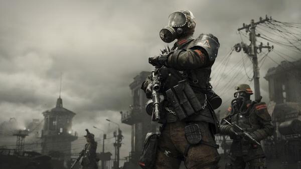 A METRO 2039 screenshot showing armed characters in gas masks standing in a post-apocalyptic urban environment under a cloudy sky.
