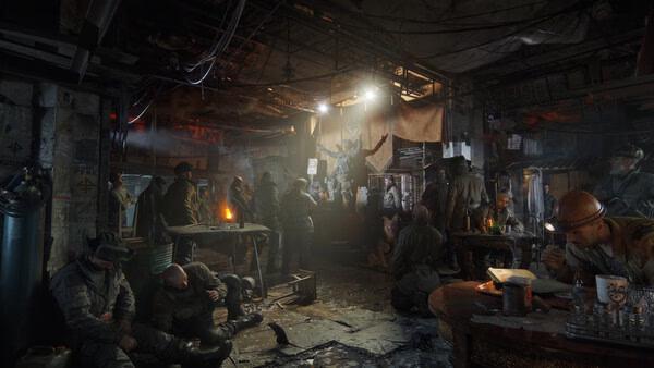 Screenshot of METRO 2039 showing a dimly lit room filled with people, tables, and a glowing fire in the corner.