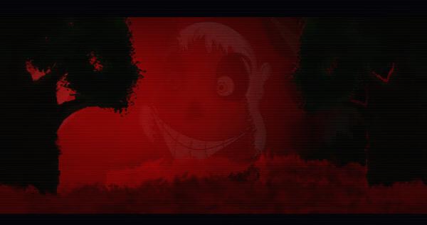 Screenshot from The Last Night showing a red-tinted scene with eerie trees and a large creepy smiling face in the background.