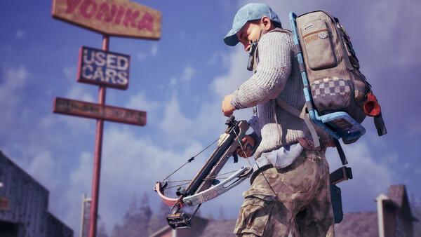 State of Decay 3 screenshot: A survivor with a backpack holds a crossbow, standing near a used car dealership sign.