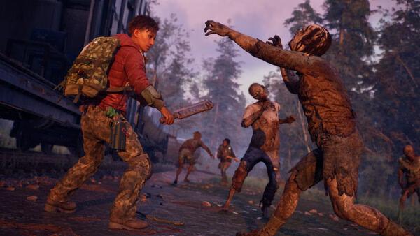 State of Decay 3 screenshot: A survivor confronts several zombies in a wooded area, wielding a machete for defense.