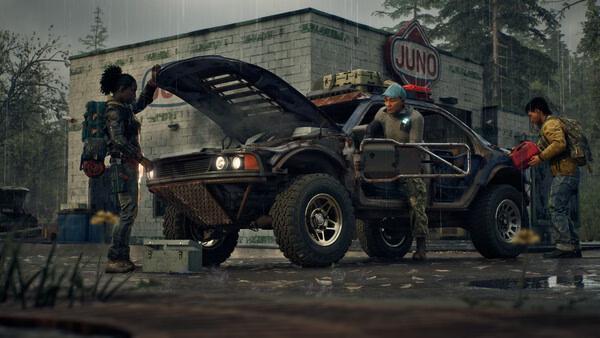 State of Decay 3 screenshot: Three characters repair a car outside a Juno building in rainy weather, surrounded by trees.