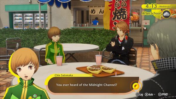 Screenshot from Persona 4 Revival: Three characters sit outside a cafe. Dialogue mentions the Midnight Channel.