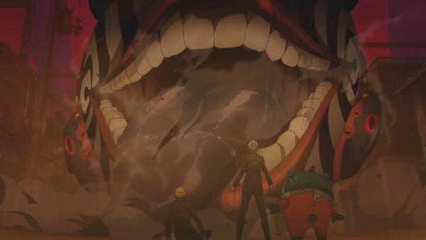 Screenshot from Persona 4 Revival showing three characters facing a giant, menacing creature with a wide-open mouth.